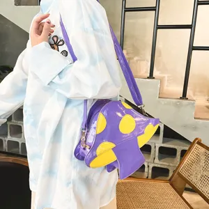 Kreative Pilz Umhängetasche für Damen, süße lila gelbe PU Leder Schultertasche modisch.
