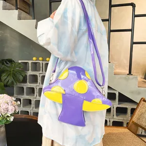 Modische Umhängetasche aus PU-Leder in Pilzform, lila und gelb, kreatives, neuartiges Design.