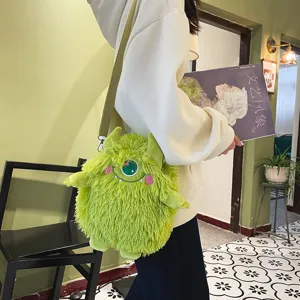 Niedliche grüne Plüsch Monster Umhängetasche für Damen, flauschige Cartoon Schultertasche.