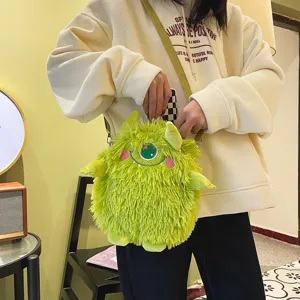 Süße grüne Plüsch Monster Umhängetasche für Damen und Mädchen, flauschige lustige Cartoon Tasche.