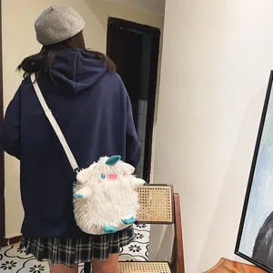 Niedliche flauschige weiße Monster Umhängetasche für Studenten, weiche Plüsch Schultertasche.