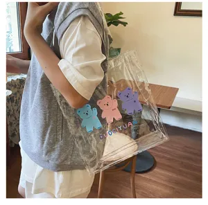 Transparente PVC Schultertasche mit süßen Cartoon Bären Drucken, modische Studententasche Sommer.