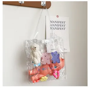 Transparente PVC Umhängetasche mit süßem Bärenmuster und Plüschtier, kawaii Studententasche.