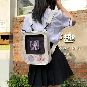 Mochila escolar de PU transparente con consola de juegos de dibujos animados linda japonesa