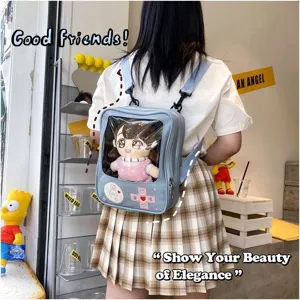 Lindo mochila ita transparente de PU con diseño de consola de juego y muñeca de peluche.