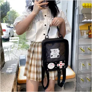 Vista detallada de la mochila de PU transparente con parches lindos al estilo Harajuku.