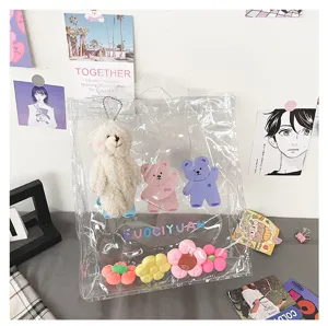 Transparente PVC Schultertasche mit niedlichen Cartoon Bären Prints und Blumenbasis.