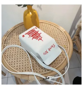 Borsa a tracolla bianca in PU con stampa pagoda cinese e scritta Thank You alla moda.