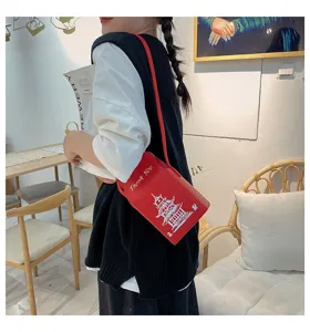Borsa a tracolla elegante in PU rosso con stampa di pagoda e design unico da scatola d'asporto.