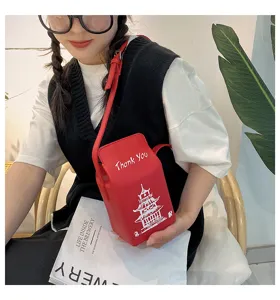 Borsa a tracolla creativa in pelle PU stile cartone del latte con stampa di pagoda cinese.
