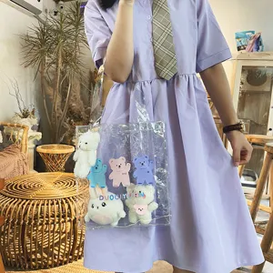 Japanischer Stil süße transparente Umhängetasche mit Plüschbären Anhängern bunte Drucke.