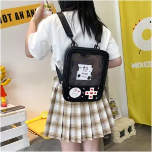 Mochila escolar japonesa transparente de PU estilo dulce con dibujos animados bonitos
