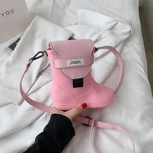 Sac bandoulière mignon en forme de botte de pluie rose, sac tendance en cuir PU.