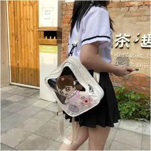 Lindo bolso ita de cuero PU japonés con ventana transparente y adorable peluche suave.