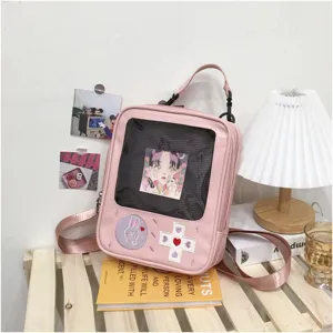 Mochila ita Gamepad de PU rosa kawaii con ventana transparente, linda mochila de estudiante.