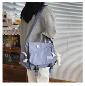 Japanese Harajuku casual canvas crossbody bag, large capacity student messenger bag with bear.
