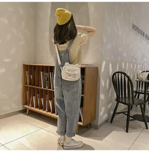 Süße japanische Vintage Canvas Umhängetasche für Damen, süße Bärenohren Studententasche.