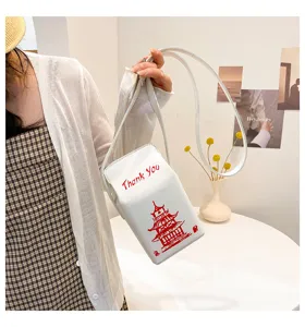 Borsa a tracolla in pelle PU bianca a forma di cartone di latte con stampa pagoda rossa.