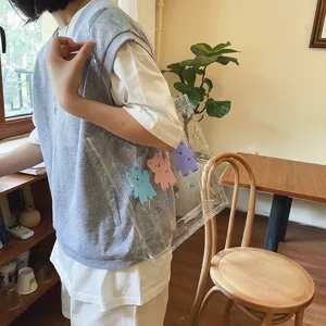 Klare PVC Tragetasche für Damen, süßer Cartoon Bär Druck Freizeittasche Schultasche.