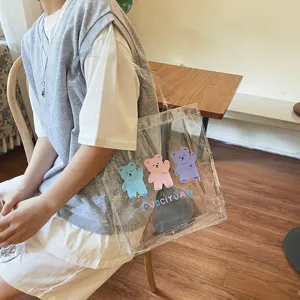 Transparente PVC Umhängetasche mit niedlichem bunten Bären Druck, lässige Schüler Handtasche.