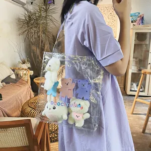 Transparente PVC Tasche mit süßen Cartoon Bären Plüsch Anhängern, japanischer Kawaii Schulterbeutel