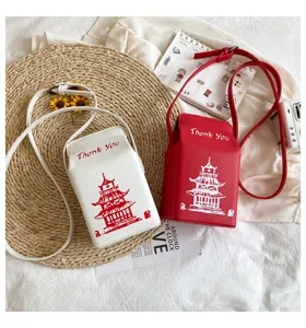 Borsa a tracolla creativa in pelle PU cartone di latte con stampa pagoda e comodo manico elegante