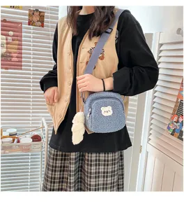 Japanese style cute lamb wool crossbody bag with bear pendant for women soft girl winter