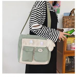 Canvas messenger bag casual student shoulder bag multi-pocket crossbody bag chic aesthetic