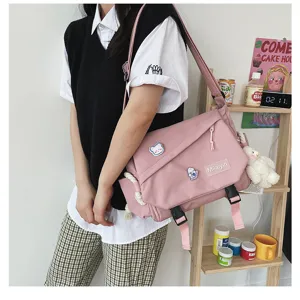 Japanese Harajuku minimalist casual student crossbody messenger bag large capacity pink canvas