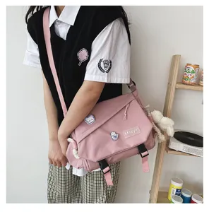 Japanese Harajuku style casual student crossbody bag, large capacity pink canvas shoulder bag.