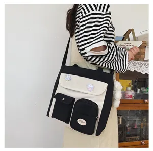 Canvas crossbody shoulder bag for women, Korean style casual chic student book bag.