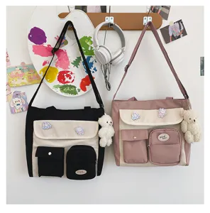 Casual canvas crossbody bag aesthetic student shoulder bag multi-pocket cute tote bag