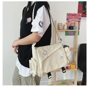 Japanese Harajuku style canvas messenger bag large capacity casual crossbody bag for students white