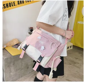 Pink and white canvas messenger bag for women, cute retro crossbody shoulder bag casual.