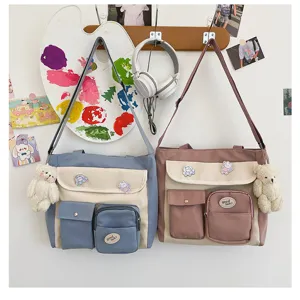Korean style canvas crossbody bag multi-pocket shoulder bag cute student daily satchel