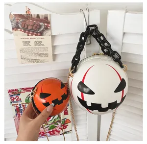 Halloween devil pumpkin round cross body bag detail, black acrylic chain, funny design.