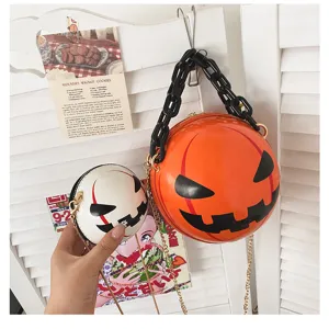 Halloween Pumpkin Devil Round Crossbody Bag with Acrylic Chain Trendy Women Handbag