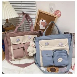 Korean style canvas crossbody bag for women cute student shoulder bag multi pocket aesthetic