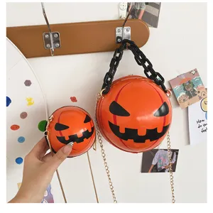 Halloween Pumpkin Shaped Crossbody Bag Cute PU Leather Acrylic Chain Shoulder Handbag