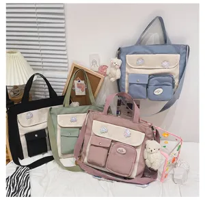 Canvas Tote Bag Student Casual Crossbody Bag Multi-Pocket Cute Handbag Sweet Style