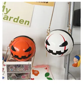 Details of Halloween pumpkin and demon round crossbody bags with metal chains for trendy fashion.