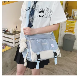 Japanese style colorblock canvas crossbody messenger bag for students and daily casual wear.