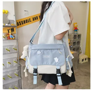 Korean style colorblock messenger bag casual canvas shoulder bag with cute badges and straps