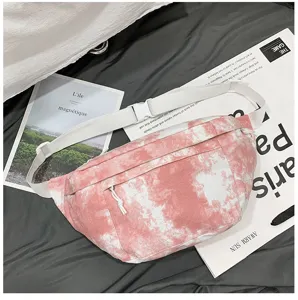 Borsa a tracolla in tela tie-dye rosa, borsa casual da studente con tasca con cerniera.