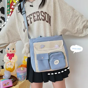 Canvas messenger bag with multi pockets, casual cute retro style for school girls daily use.