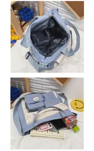 Canvas crossbody bag interior capacity detail, multi-pocket design, light blue and beige.