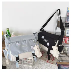 Canvas messenger bag for women, Japanese style shoulder bag with cute bear pendant and patches.