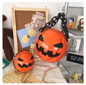 Halloween pumpkin crossbody bag with acrylic chain, funny demon face round shoulder bag