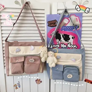 Japanese student canvas crossbody bag cute multi-pocket shoulder bag casual aesthetic satchel
