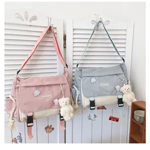 Japanese style canvas messenger bag colorblock cute student shoulder bag with bear pendant